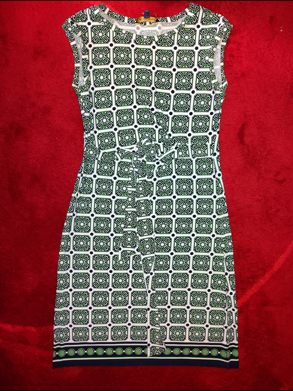 Brooks Brothers Green and White Geometric Midi Sheath Dress
